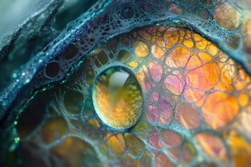 A water droplet rests on a vibrant, intricate, web-like structure, showcasing a captivating interplay of colors and textures.