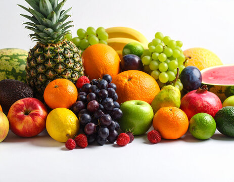 fresh and healthy fruits on white background, such as pineapple, banana, watermelon, orange, guava and others