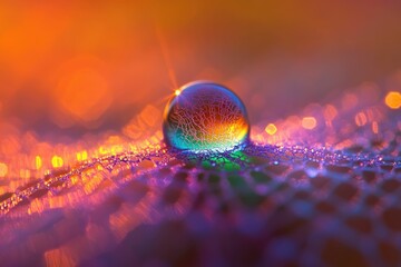 A vibrant water droplet rests on a dew-kissed web, showcasing iridescent colors and bokeh.