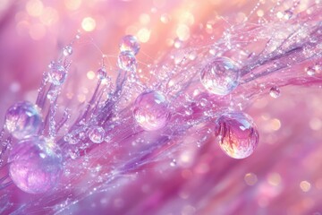 Dewdrops cling to delicate pink plant fibers, creating a dreamy, ethereal scene.