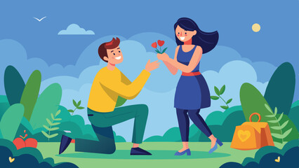 Man Kneeling Offering Red Flowers to Woman in a Romantic Outdoor Setting