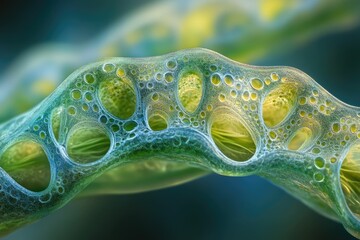Microscopic view of a bioluminescent organism with intricate, bubbly structure and vibrant green-blue hues.