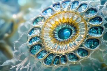 Microscopic view of intricate, jewel-toned cellular structure with radial symmetry.