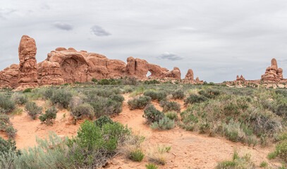 Hoodoo Rock Formation with an arch in Arches National Park, Utah, USA