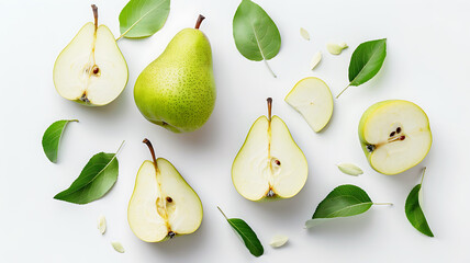 Obraz premium Whole and Sliced Pears with Leaves