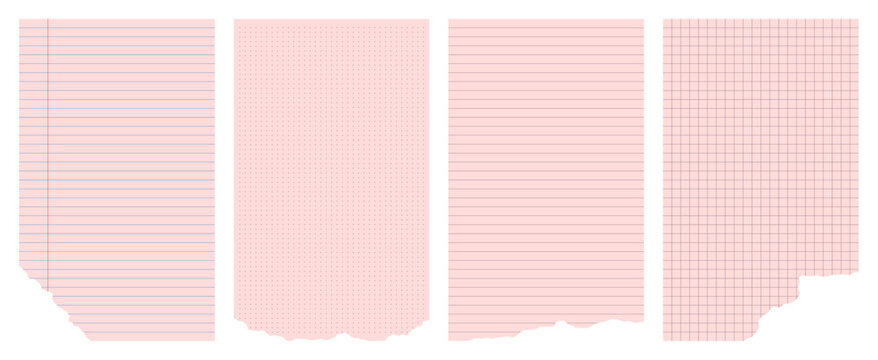 Pink paper templates with torn edges. Set of lined, grid, dot blank pages with rough edges.