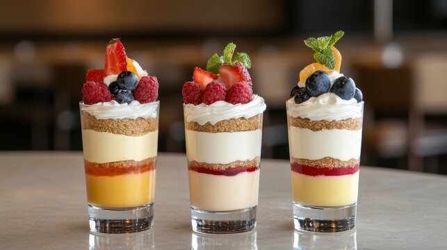 A trio of dessert shooters with layers of cream, fruit, and garnish arranged in a line