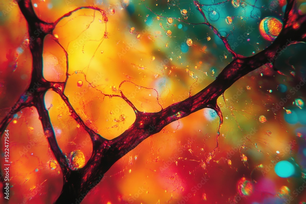 Aufkleber microscopic view of a neuron with vibrant, colorful background showcasing its intricate network.