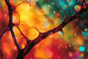 Microscopic view of a neuron with vibrant, colorful background showcasing its intricate network.