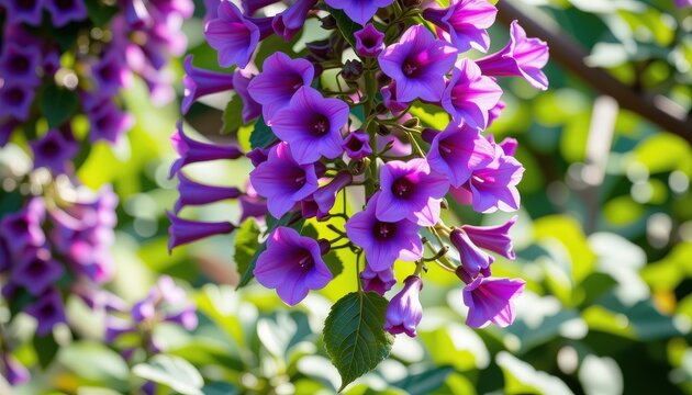 a cinematic wide angle shot of the violet trumpet vine (clytostoma callistegioides), captured with a 24 70mm lens, f/5
