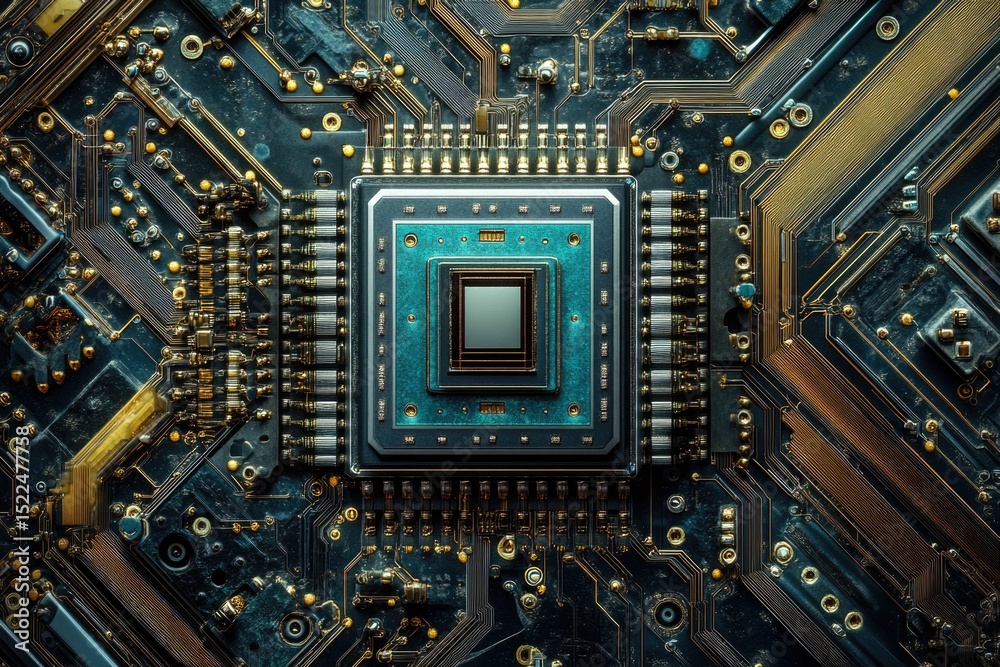 Poster Close-up view of a sophisticated computer processor chip, showcasing intricate circuitry and gold connectors.