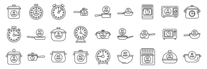 Cook time icons set. Cooking time icons represent different durations for preparing various foods, using kitchenware like pots, pans, ovens, and microwaves, along with timers and clocks