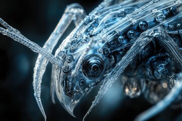 Close-up of a biomechanical ant, intricate design, metallic-glass texture, detailed 3D rendering.