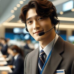 Smiling Asian Male Call Center Agent Wearing Headset in Modern Office for Customer Support and Communication Service Concept with Generative AI.