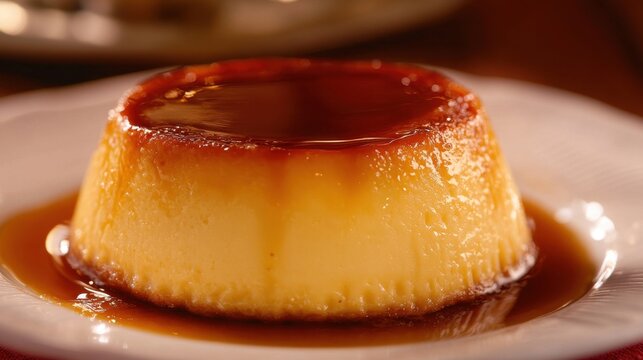 Classic flan dessert with glossy caramel sauce served on a small white dessert dish - Powered by Adobe