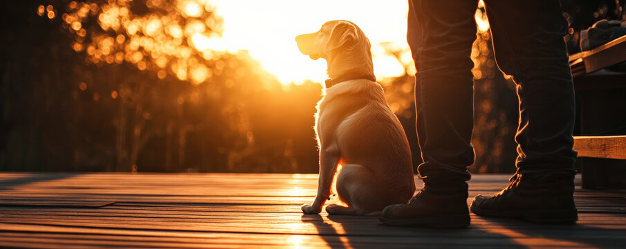 Dog sitting beside person during sunset, creating warm and serene atmosphere. silhouette of dog and person against glowing sun evokes sense of companionship and tranquility