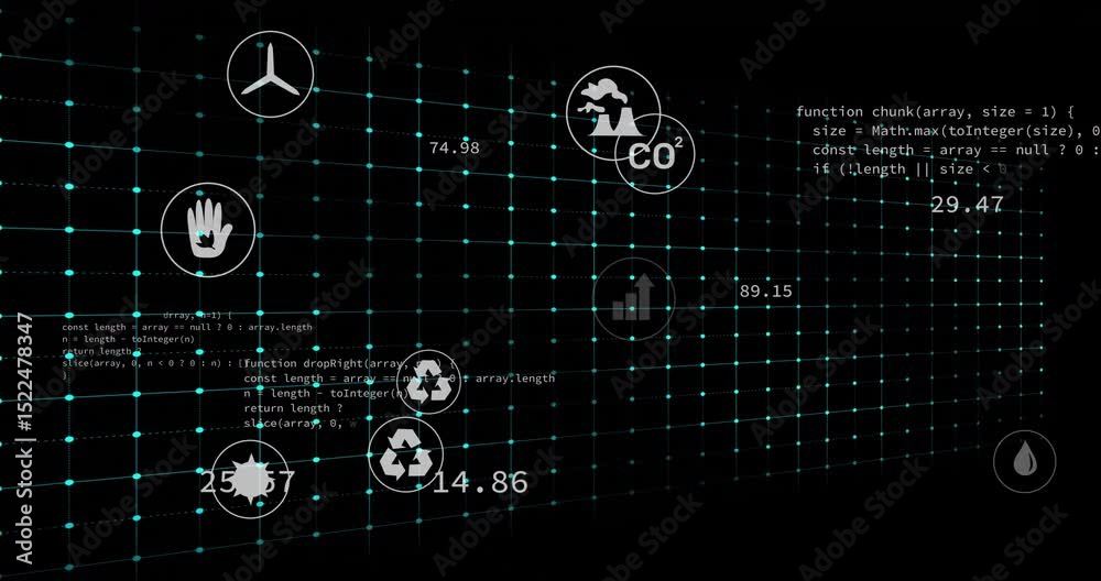 Poster startup neon waveform line pulsing and spawning icons updating metrics visualizing data trends