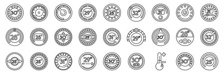 Thermostat ui icons set. Temperature control icons depicting various degrees and settings, ideal for representing temperature regulation in diverse applications