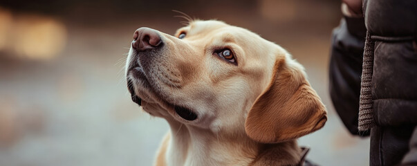 Touching moment featuring medium sized dog looking up with curiosity and affection, showcasing its expressive eyes and gentle demeanor. This scene captures bond between humans and pets beautifully