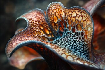 Intricate, bioluminescent flower with a complex, porous structure, glowing with vibrant colors.