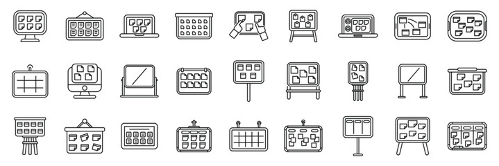 Scrum board icons set. Line icons representing planning boards, illustrating project management, scheduling, and business strategies