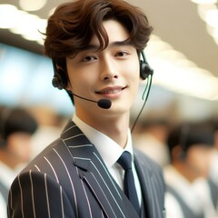 Smiling Asian Male Call Center Agent Wearing Headset in Modern Office for Customer Support and Communication Service Concept with Generative AI.