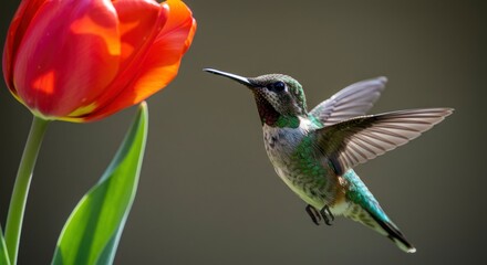 Obraz premium Hummingbird Approaching a Red Tulip in a Natural Outdoor Setting with Blurred Background and Focused Details