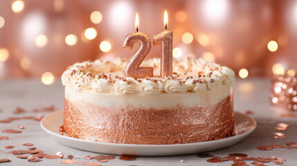 21st birthday cake with glittery candles and creamy frosting on plate with festive bokeh lights and confetti