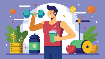 Illustrated Man Lifting Dumbbell with Protein Shake and Apple for Fitness Concept