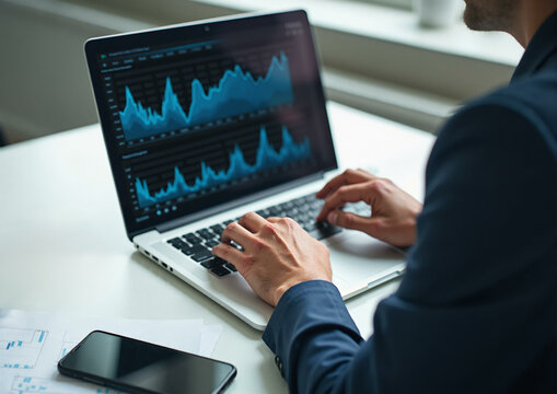 Man using laptop computer. Business analyst working on financial report and investment project, company performance data dashboard on screen, closeup