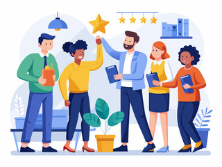 Team members celebrating success through peer recognition in a bright collaborative workspace