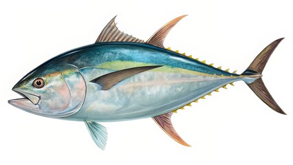 Fototapeta premium A repeating illustration of vibrant tuna in animated poses, designed for children's books or themed wallpaper.