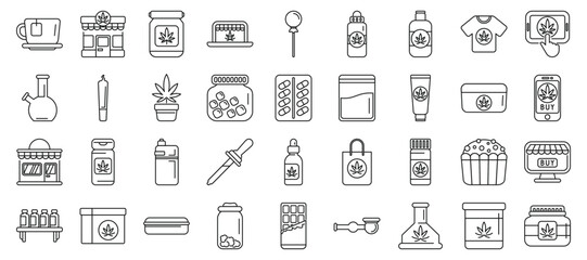 Cannabis store icons set. Different ways of consuming and using cannabis, including edibles, smoking, vaping, and topical applications, are depicted through simple icons