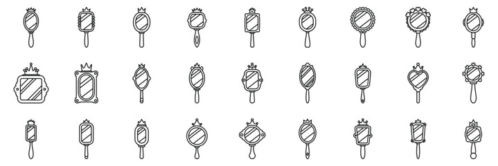 Princess mirror icons set. Various hand mirrors, each adorned with a crown, showcasing different shapes and styles, creating a sense of elegance and beauty