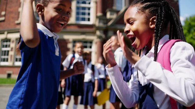 Cheerful african schoolmates laughing, playing together during break time near school building under bright sunlight