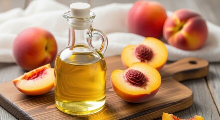 Peach oil in glass bottle with fresh peaches symbolizing natural beauty and healthy lifestyle