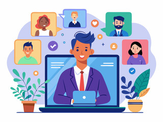 Flat illustration of businessperson attending online conference with laptop displaying chat conversation