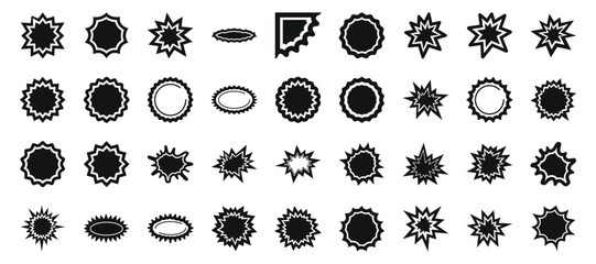 Starburst price icons set. Burst icons represent exploding and shattering objects, indicating sudden releases of energy or destruction