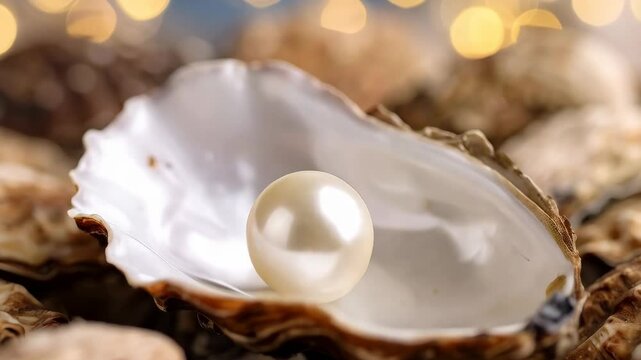 Elegant shiny pearl nestled inside oyster shell among a cluster of similar shells, golden bokeh lights behind adding a luxurious touch