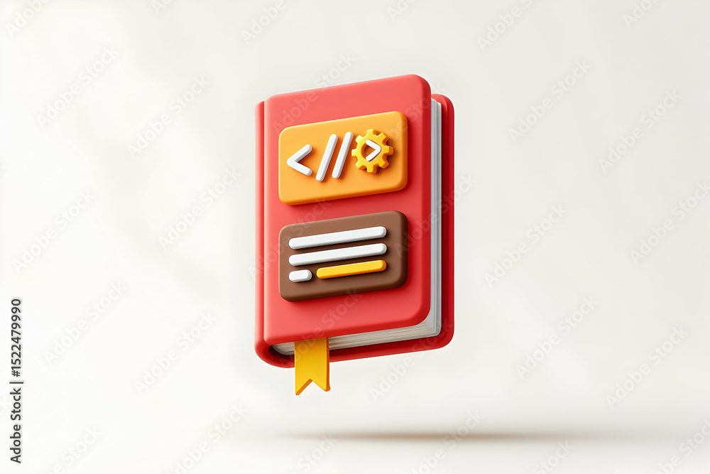 Poster 3d render of a red book with coding and data icons