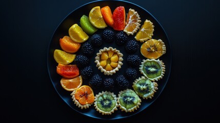 Naklejka premium Miniature fruit pies arranged in a circle on a dark matte serving plate with high contrast