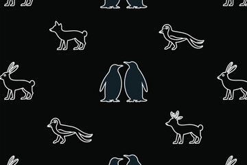 Seamless pattern animals background penguins rabbits deer dogs birds wildlife nature vector design art 100 editable stock vector illustration