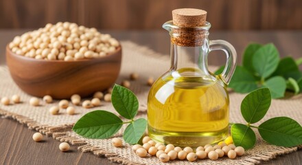 Soybean oil in glass bottle with soybeans and leaves symbolizing healthy cooking and natural ingredients
