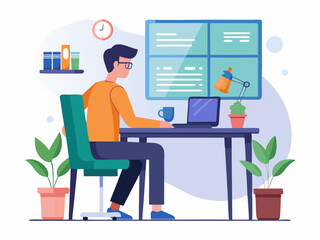 Fototapeta premium Developer focused on coding with minimal desk setup and coffee cup nearby