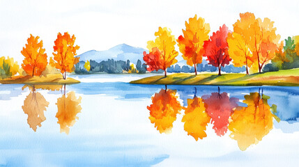 Serene watercolor landscape featuring vibrant autumn trees reflecting on calm lake, evoking sense of tranquility and beauty