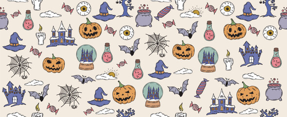 Halloween pattern with pumpkin, bat, hat, hand drawn illustrations	
