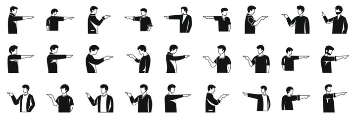 Man pointing finger forward icons set. Collection of men pointing with their index finger in various directions and poses, conveying guidance, direction, or accusation