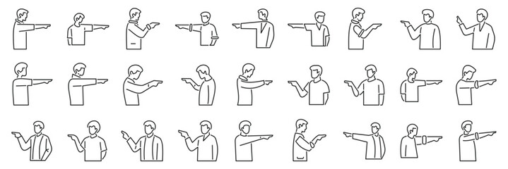 Man pointing finger forward icons set. Line art icons of people pointing their fingers in various directions, symbolizing showing, indicating, choosing, or accusing
