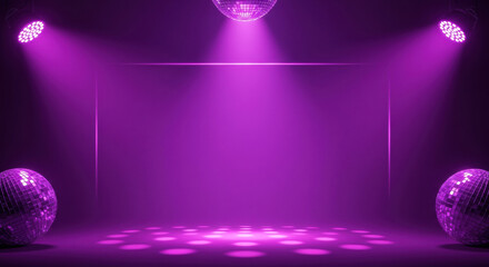Bright purple disco lights illuminate a lively dance floor with sparkling mirrors and vibrant atmosphere