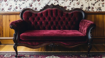 Plush maroon velvet sofa with carved dark wood frame against a vintage wallpapered wall